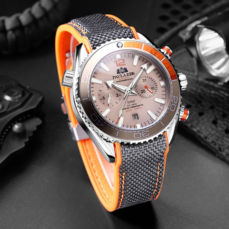 PAULAREIS Masculino Automático Auto Vento Mecânico Pulseira de Borracha de Lona Laranja Azul Vermelho Multifuncional Data Mês Relógio