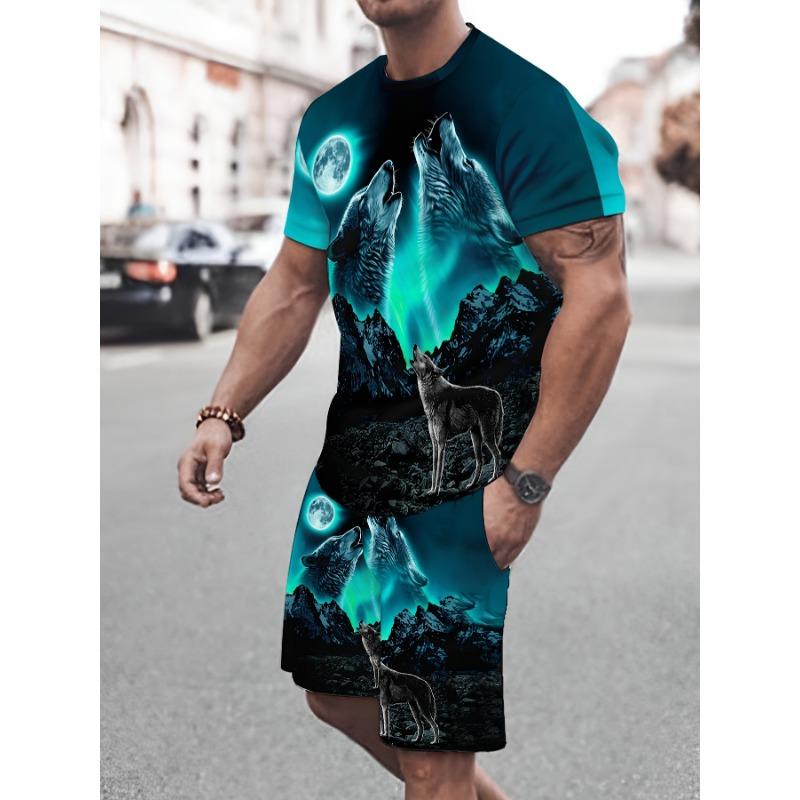 Men s 3D Wolf Print Set: Realistic Howling Wolf Graphic Tee with Matching Shorts. Summer Outdoor Streetwear for Beach Holiday Travel S разноцветный
