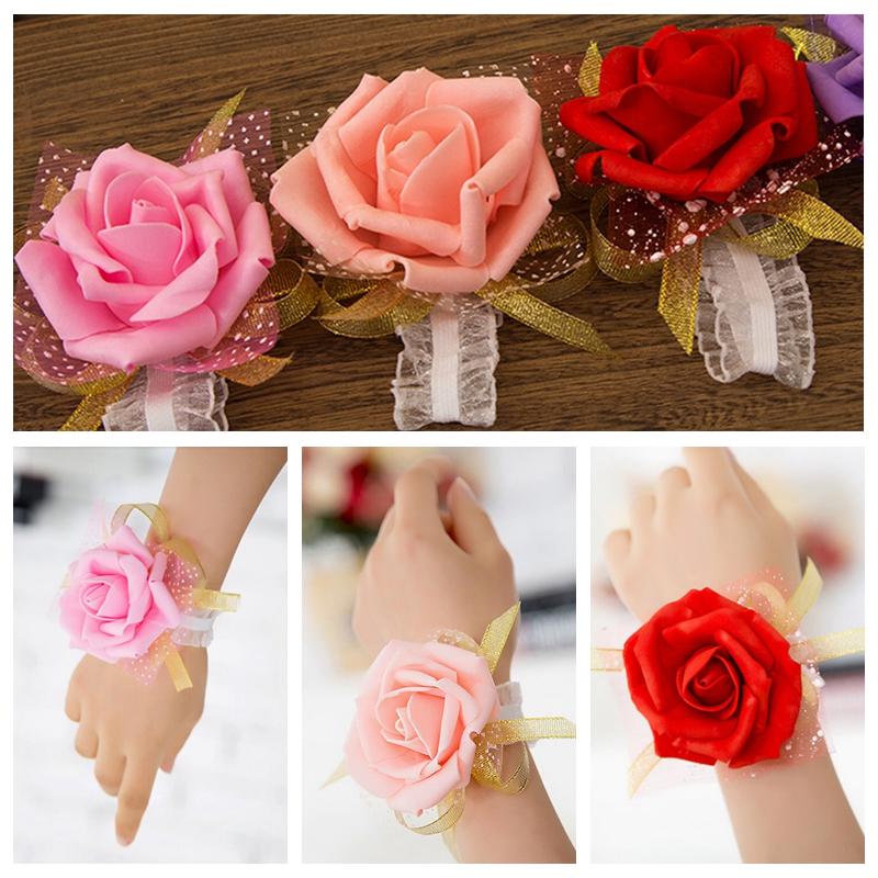 Bridesmaid Wrist Corsage Wedding Party Rose Bracelet Silk Flowers Ribbon