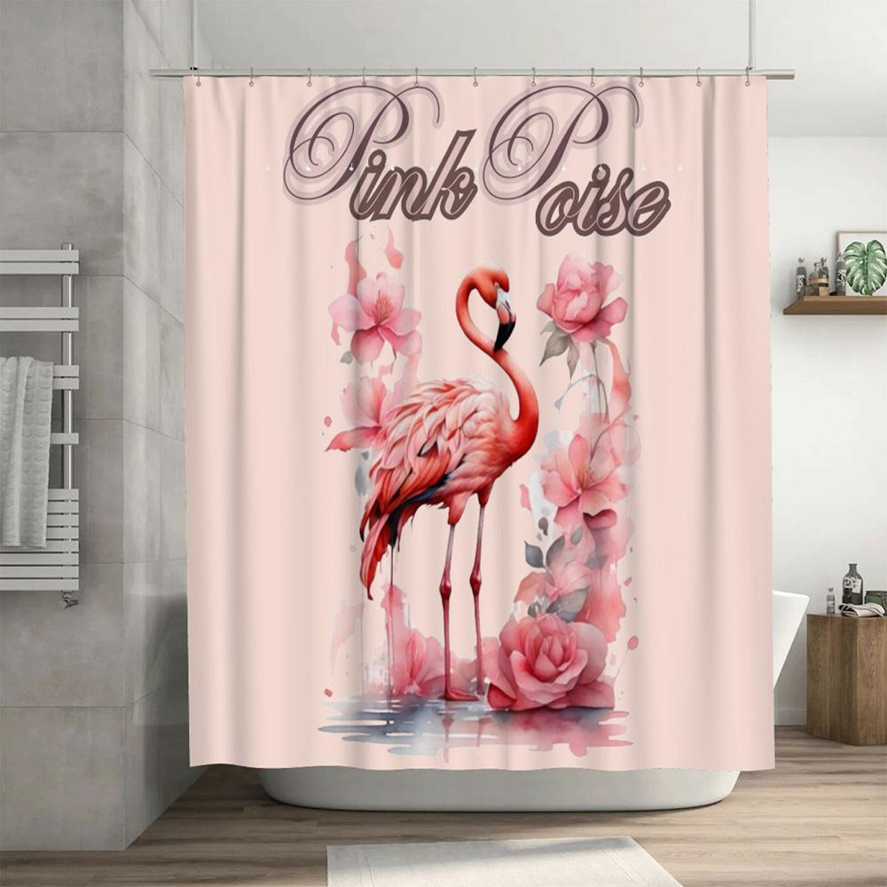 Pink Feather Bath Rug Mat Watercolor Birds Bathroom Decor Shower Curtain with Rod Set Waterproof Pink Floral