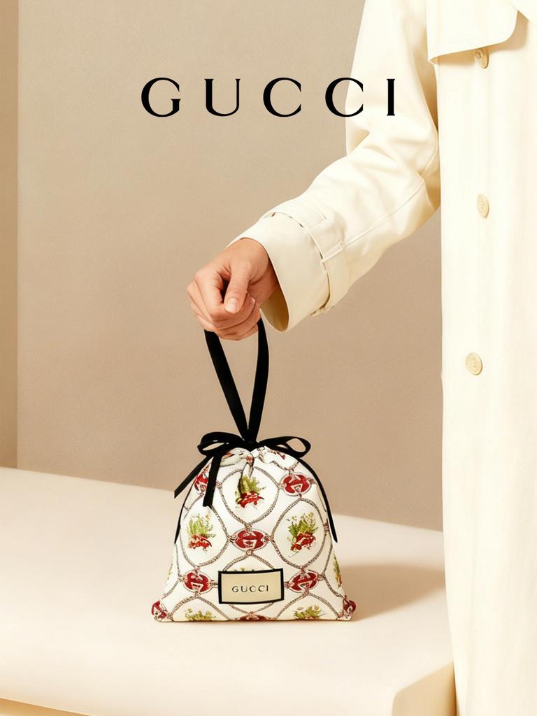 Vintage Floral Drawstring Pouch Bag, Rope Chain Print Makeup Organizer, Elegant Jewelry Storage Gift Bag GUCCI-GIFT-63