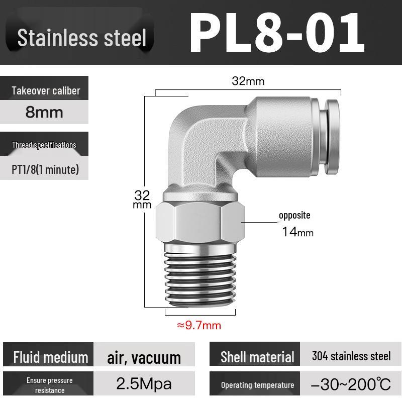 Stainless Steel Pneumatic Air Hose Quick Connect Elbow PC4-01/PL6/8/10/12 Connector