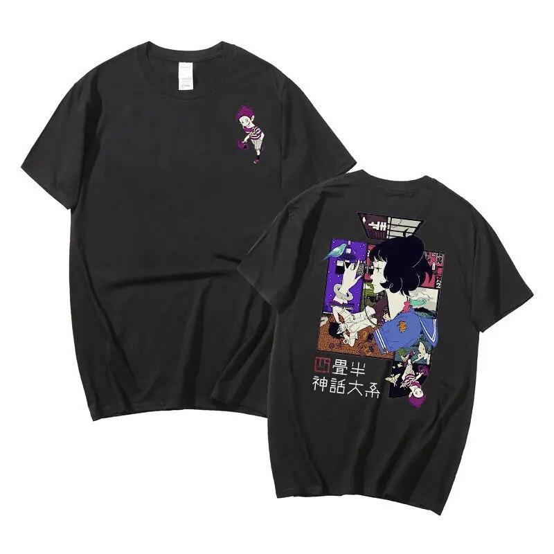 Anime Unisex Frauen Übergroßes Baumwoll-T-Shirt The Tatami Galaxy Doppelseitig bedrucktes T-Shirt Neue Cartoon Unisexga Shinwa Taikei T-Shirts