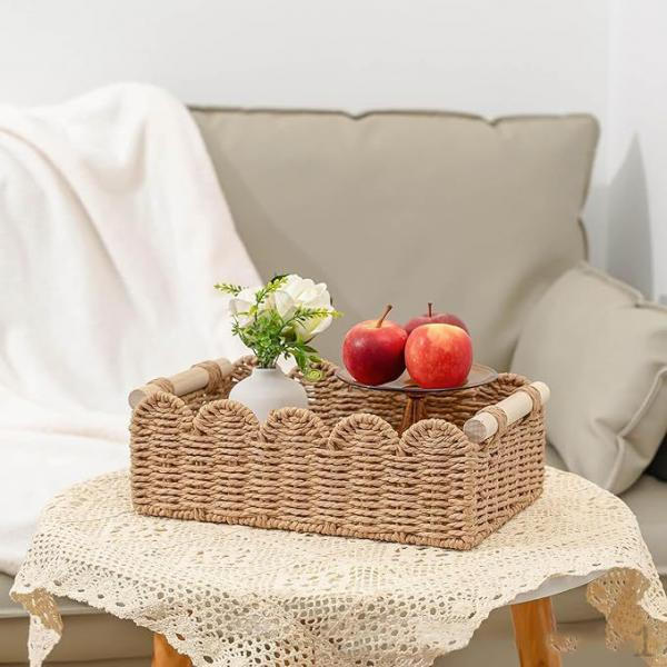 

Decorative Paper Rope Storage Basket with Wooden Handle for Bedside Table, Wardrobe, Bedroom, Living 30cmx11cmx9cm