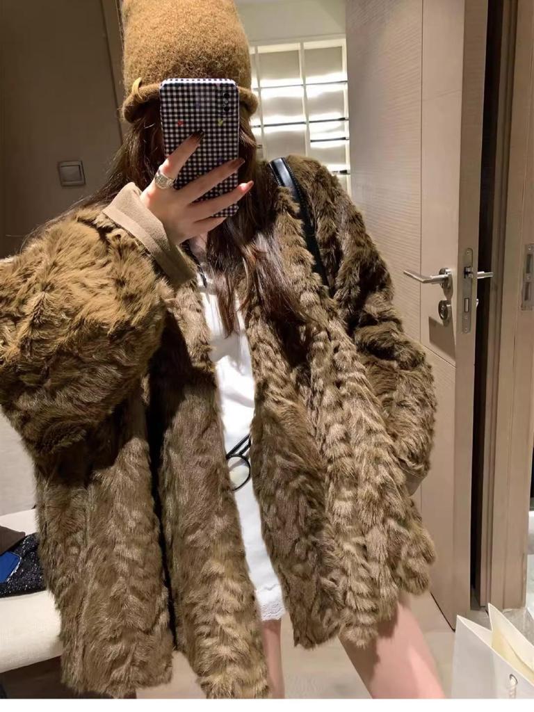 Damen Mittellanger Faux Nerz Wildleder Mantel - Wintergefärbte Spitze Lässiger Stil Übermantel