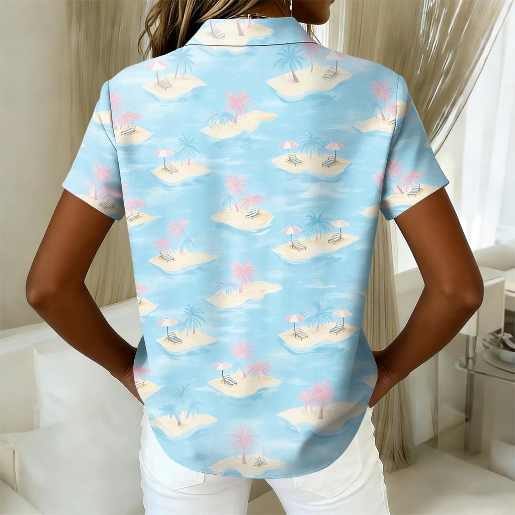 Women's Shirt Hawaiian Print Button Short Sleeved Pocket Casual Top
