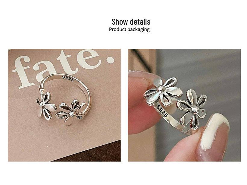 S925 Sterling Silver Open Flower Ring - Women's Versatile Korean Retro Design