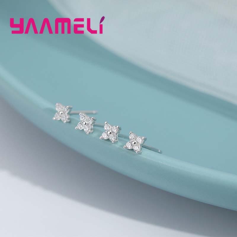 925 Silver Clover Stud Earrings with Sparkling Zircon for Women and Girls