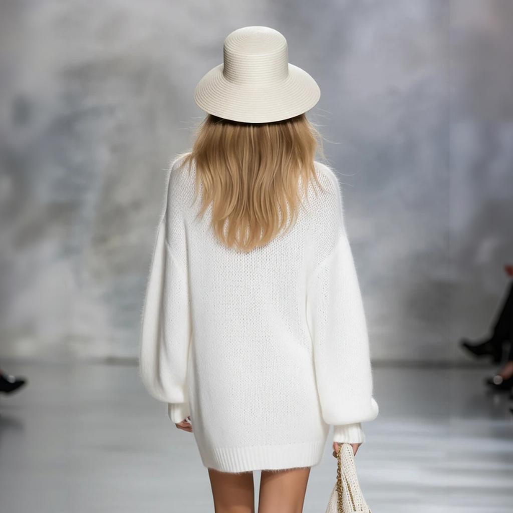 Women's V-Neck Color Knit Sweater Dress Long Sleeve for Casual Wear