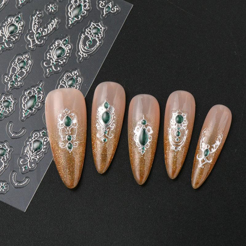 1pc embossed 5D retro light luxury court-style nail sticker with rubies and emeralds, adhesive backing, nail sticker, holiday gift.