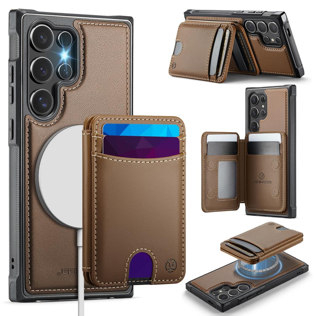 For Samsung Galaxy S26 Ultra Magnetic Case JEEHOOD J10 Leather Back Phone Cover with Detachable Card Holder Kickstand