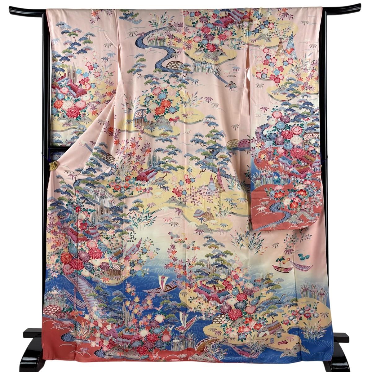 

Furisode, length 171cm, sleeve length 64.5cm, M, landscape, pine, bamboo, and plum, light pink, pure silk, excellent quality [Used]