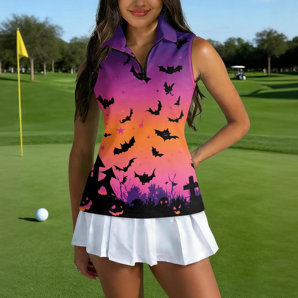 Women's Sleeveless Golf Shirt with Zipper Collar Halloween Print Sports Vest for Casual Wear