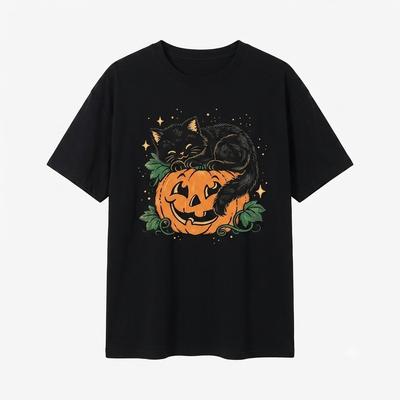 Black Cat & Pumpkin Graphic Halloween Black T Shirt Gift For Friends