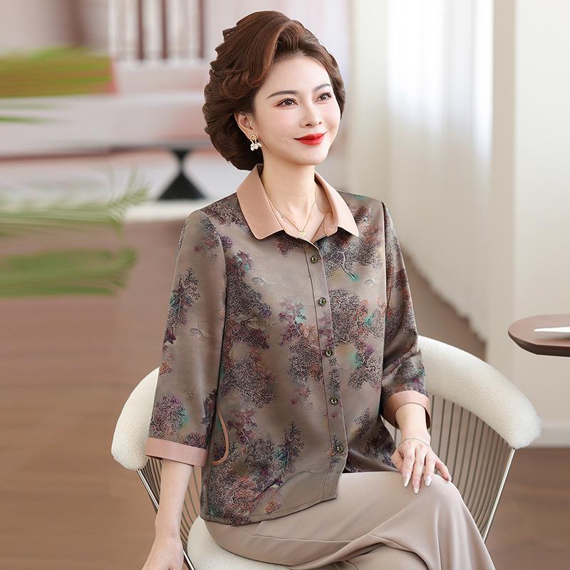 Spring & Summer Seven-Sleeve Imitation Silk Shirt for Middle-Aged & Elderly Women