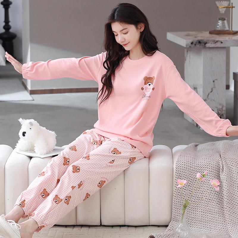 Aifen Teng Women's Pajamas Set: Pure Cotton, Long Sleeve, Long Pants, Casual Home Wear, Suitable for Spring, Autumn, and Winter.