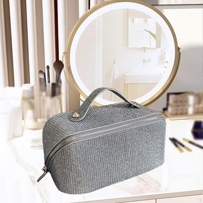 Offener, flacher Kulturbeutel, Make-up-Organizer für Mädchen mit Trennwand und Griff, Make-up-Tasche für unterwegs