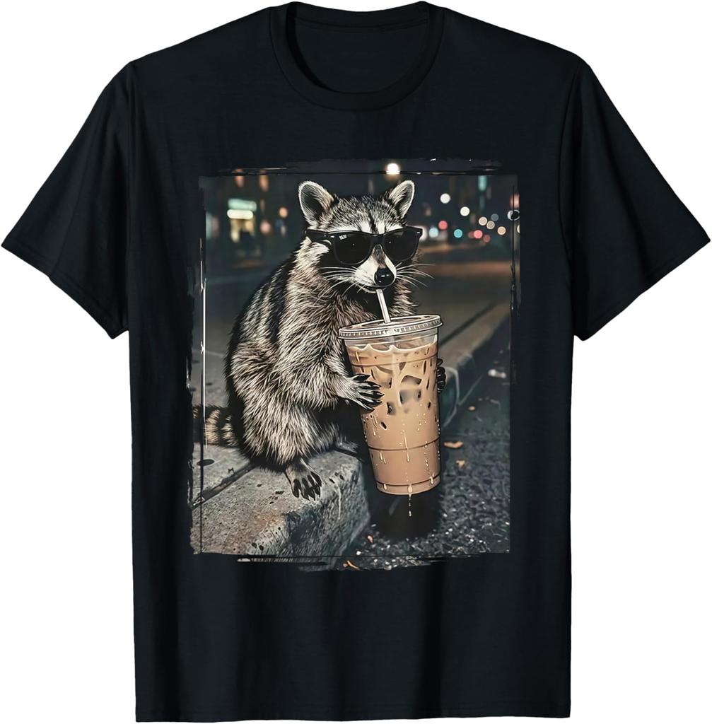 Waschbär trinkt Eiskaffee Lustiges Tier-Meme T-Shirt Unisex Sommer Baumwollkleidung Mode Rundhals Kurzarm T-Shirt