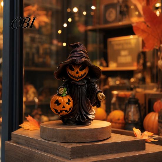 Halloween Pumpkin Ornament Witch Statue with Pumpkin, Cute in Pointed Hat & Black Robe, Resin Gothic Wizard Figurine Tabletop Decor for Desk