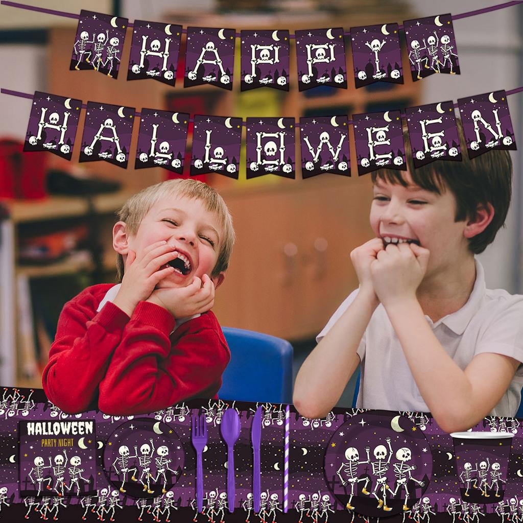 Halloween Party Tableware Horror Party Disposable Paper Plates Pull Flag Tablecloth