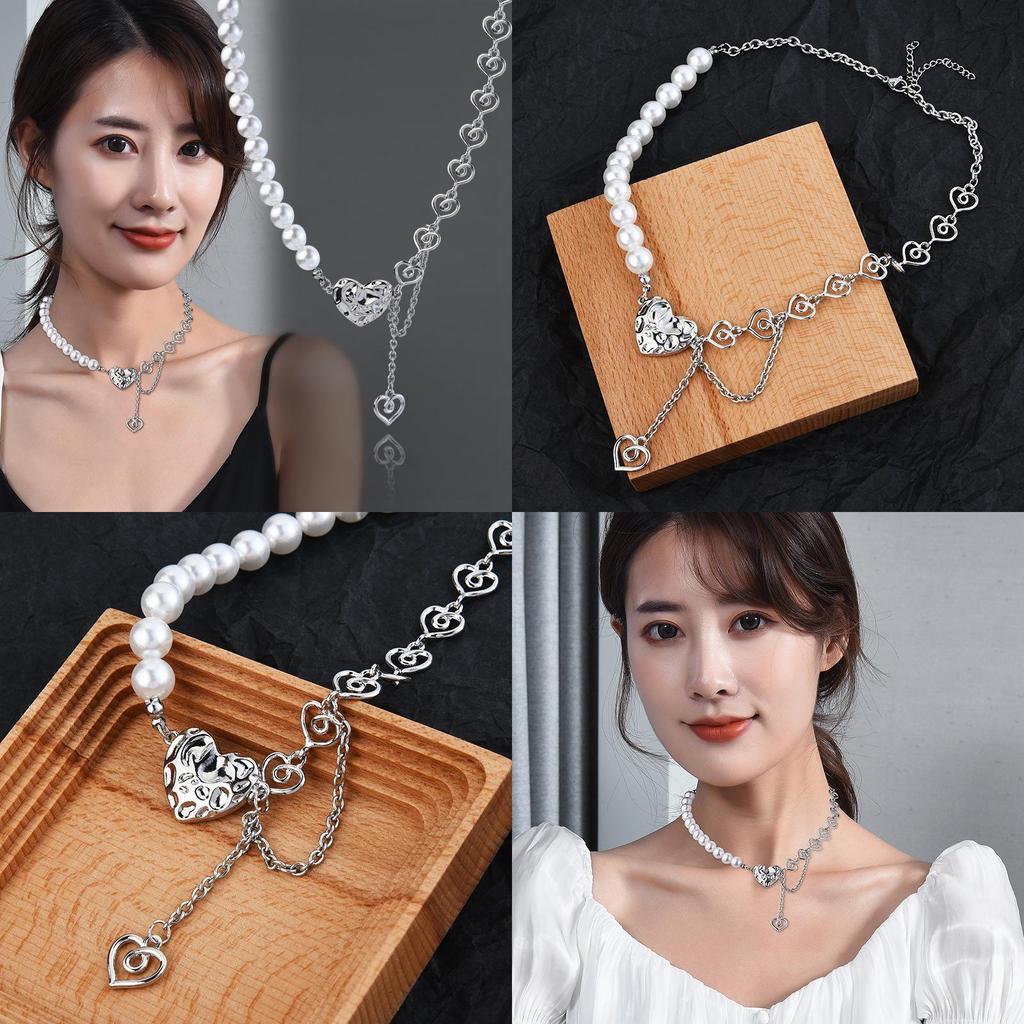 Elegant Korean Style Titanium Steel Heart Shaped Necklace With Pearl Chain Design