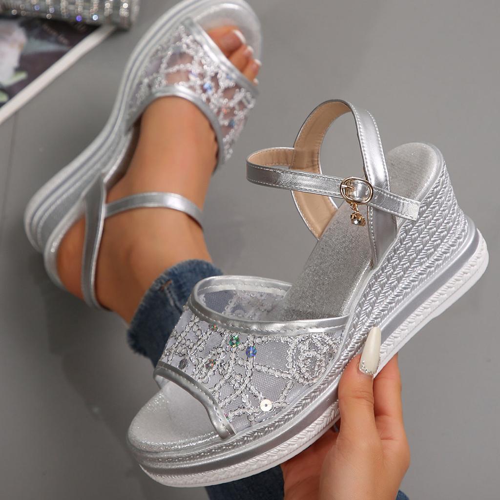 Fashion Comemore 2025 Summer Plus Size Mesh Sandals Women Bling Crystal Wedge Platform Sandaels for Women Fashion Buckle Woman Shoes