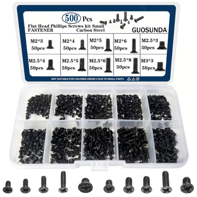 KM Boxed Screws Cross Countersunk Head Laptop Screws 500Pcs Black Small Screws M2M2.5M3