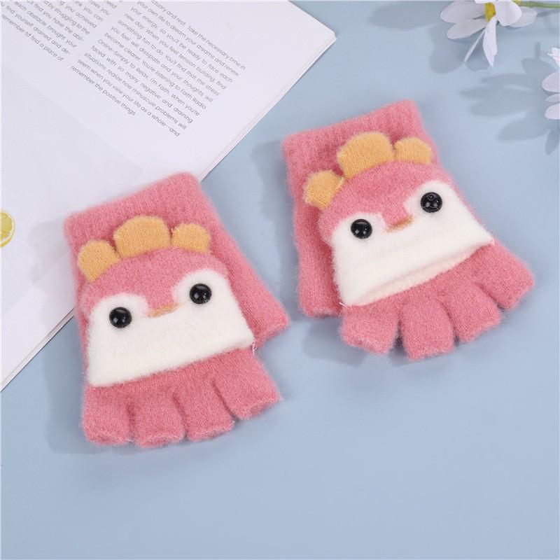 Kids' Cartoon Flip-Top Gloves: Winter Half-Finger, Thickened for Writing, Dual-Use, Cute Design for Boys and Girls