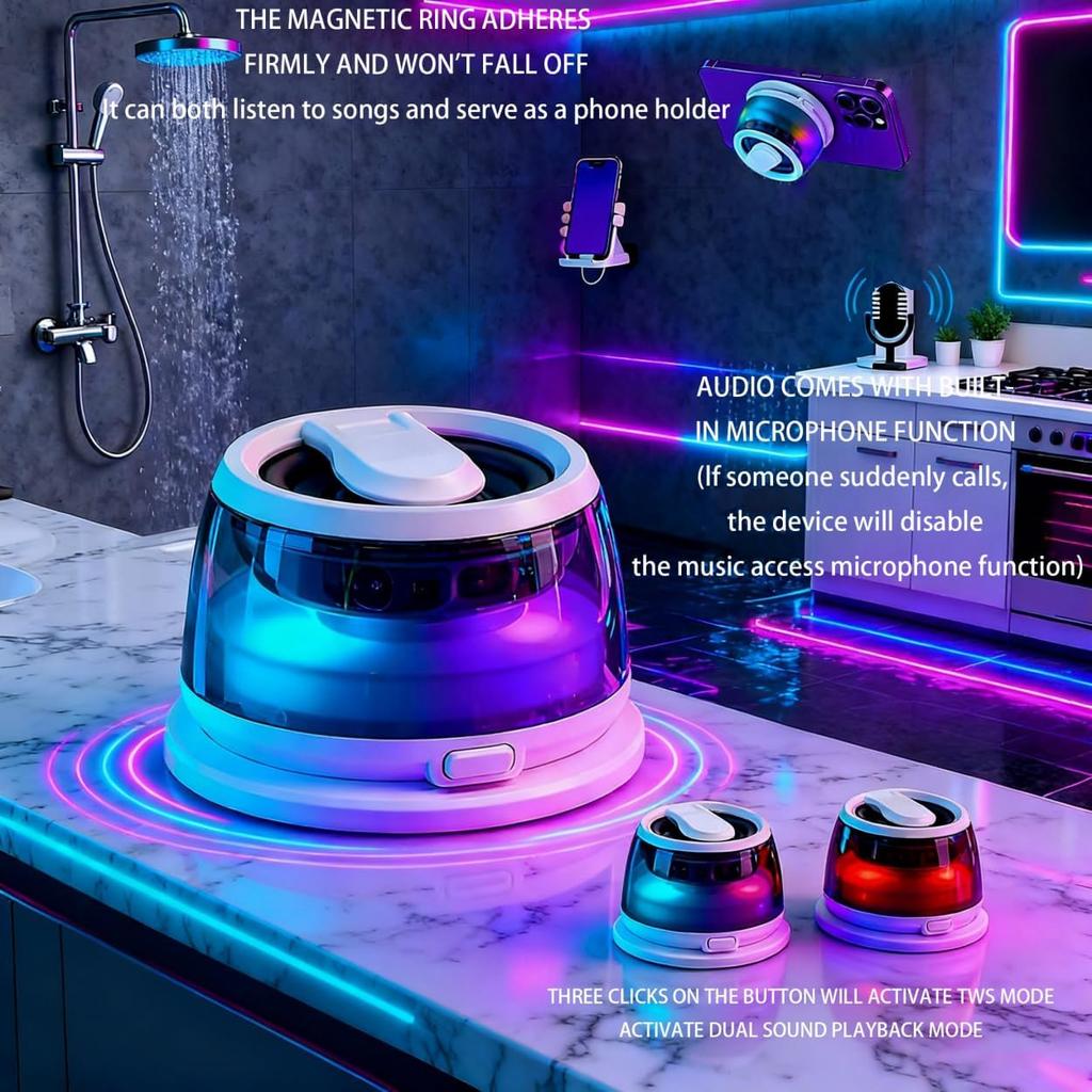 agnetic Bluetooth Speaker with LED Light & Phone Holder, Mini Portable Stereo Speaker with Built-in Mic, TWS Pairing, for iPhone,Shower,Camping,