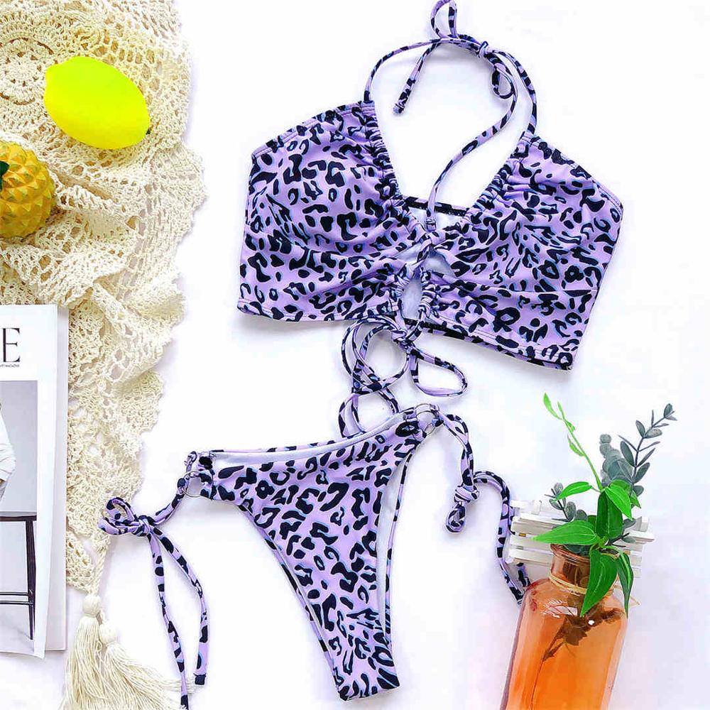 Sexy High Cut Thong Leopard Bikini Women Swimwear Female Swimsuit Bikini Set Lace Up Bather Bathing Suit