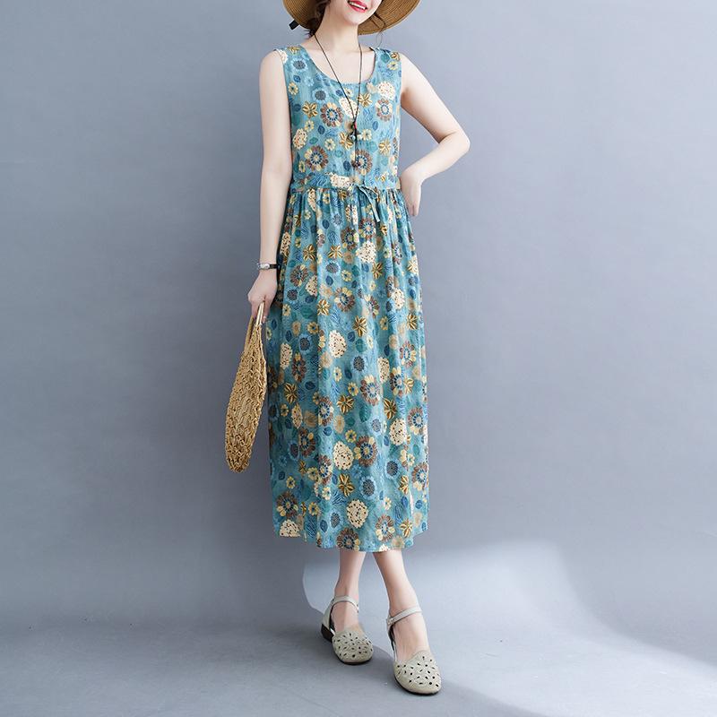 2025 Mori Girl Pastoral Cotton Linen Floral Sleeveless Plus Size Dress