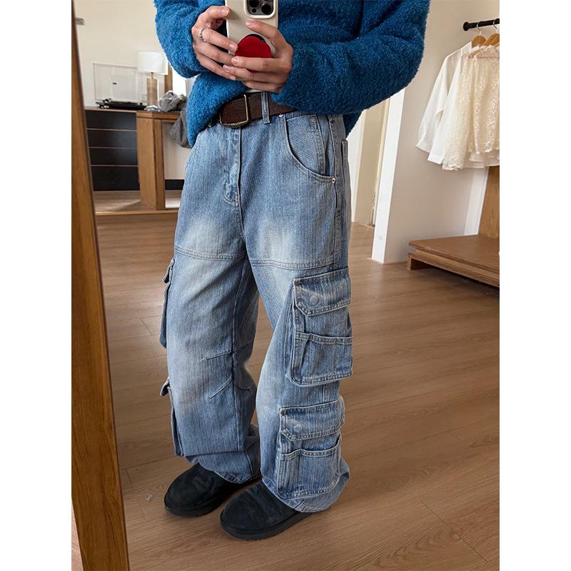 

Unisex Retro Heavyweight Multi-Pocket Bamboo Denim Work Pants - Straight Fit, 3D Cut XXXL светло-синий