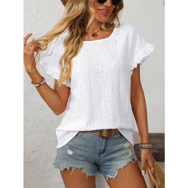 Sweet Short Sleeve Hollow Out Women T-shirt Summer New Solid Color Round Neck Top Casual Loose Sweet Ruffled Office Ladies Shirts Elegant Fashion