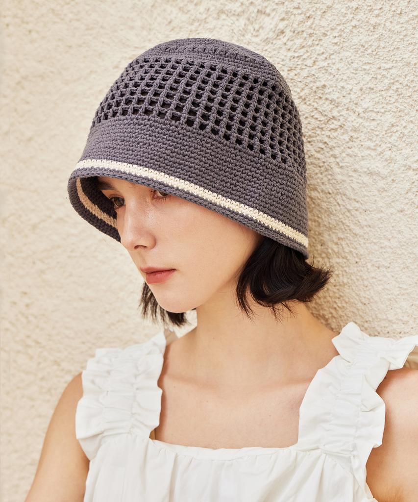 Bajal Va Top Button Knit Crochet Bucket Hat Gray