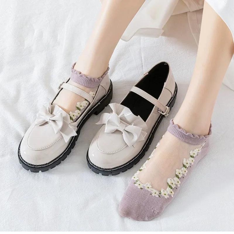 5 Paar Atmungsaktive Kurze Socken Japanisch Niedlich Frisch Ins Kurz Floral Glasseide Damensocken Sommer Dünn Kristall Bootssocken