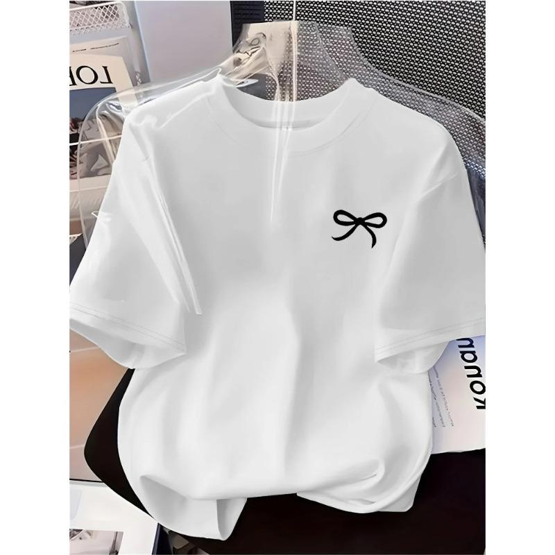 

New Soft and Comfortable Womens Tshirt Black Bow Printed Simple Style Casual Fashion Short Sleeve Tshirt Summer Clothing S