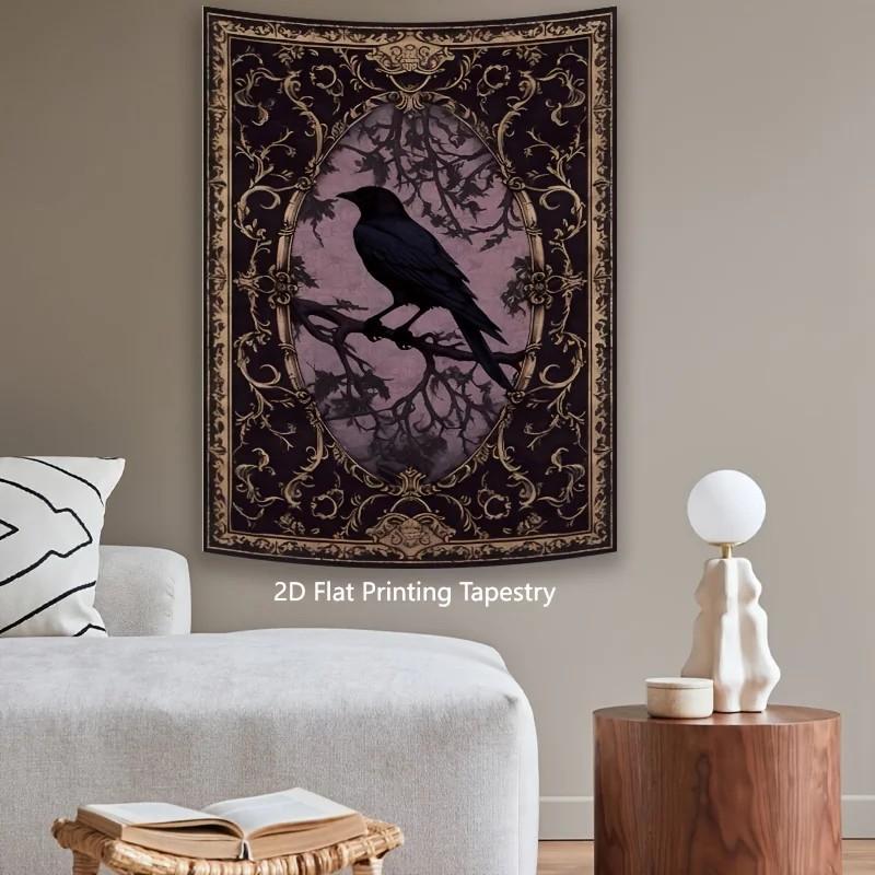 Gothic Crow Tapestry, Dark Aesthetic Wall Hanging, Retro Vintage Decor for Edgy Bedroom, Studio, Dorm Room, Gothic Home Decor