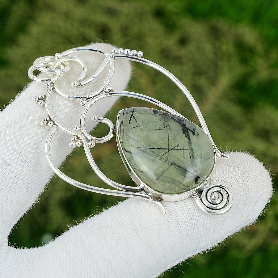 

Sterling Silver Pear Moss Prehnite Gemstone Wife Handmade Handcrafted Pendant