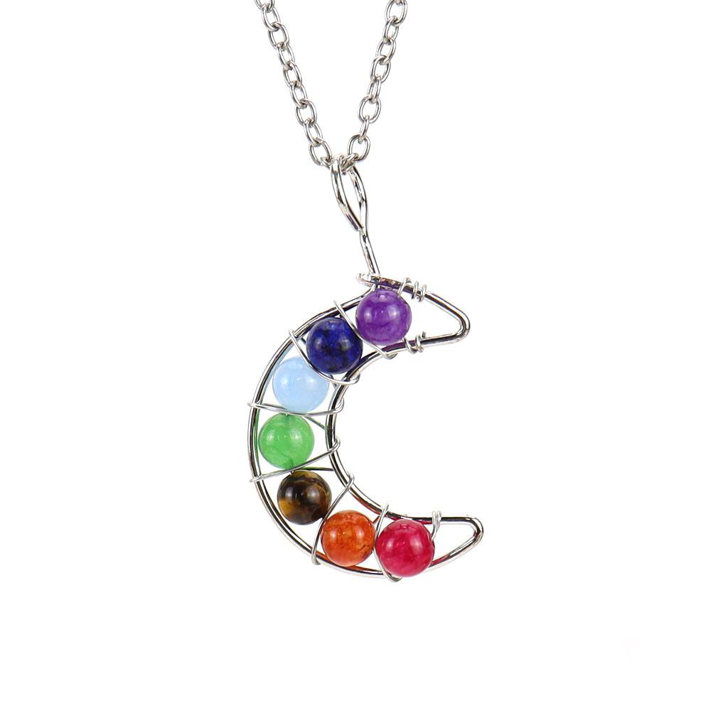 

Handmade Winding Silk Colorful Beads Crystal Multi-Colored Beads Moon Pendant Necklace N131