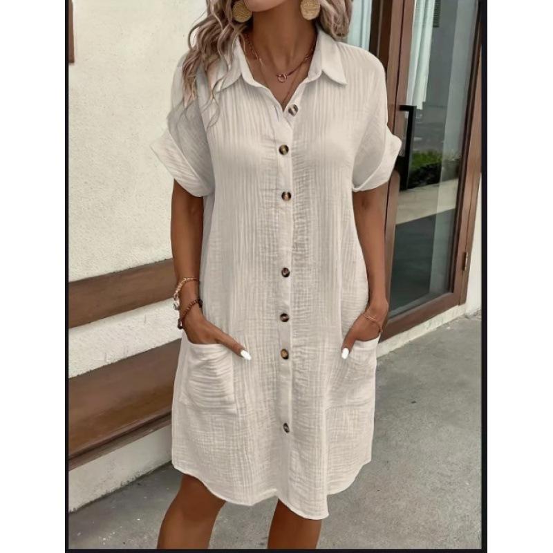 Casual Solid Color Single-breasted Mid-length Short Sleeve Loose Casual Dress Women's Wear