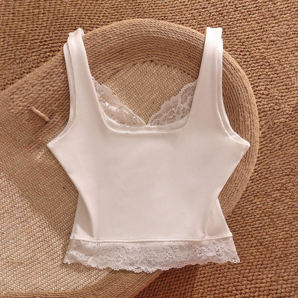 Solid Color Slim Lace Crop Top Patchwork Lace Sling Tank Ins Style Spaghetti Y2k Top Beach