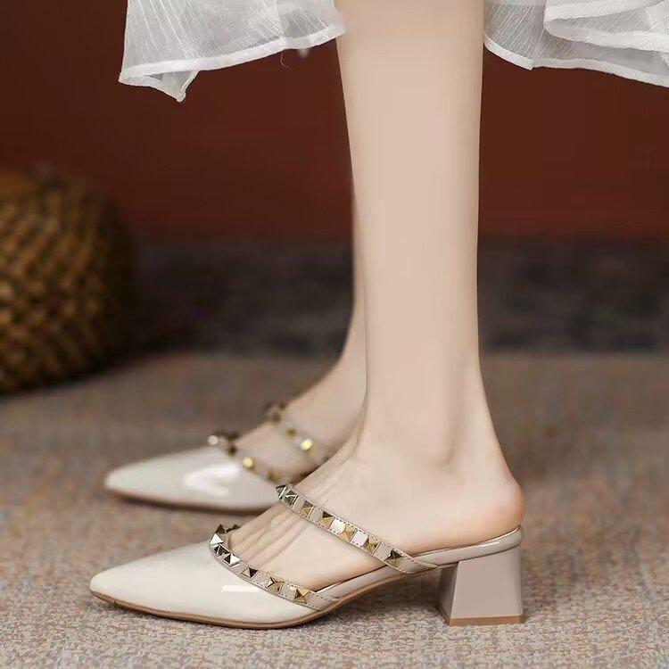 Baotou Half Slippers Outer Wear Spring 2025 New Fairy Medium Heel Pointed Sandals Rivet High Heels Single Shoes