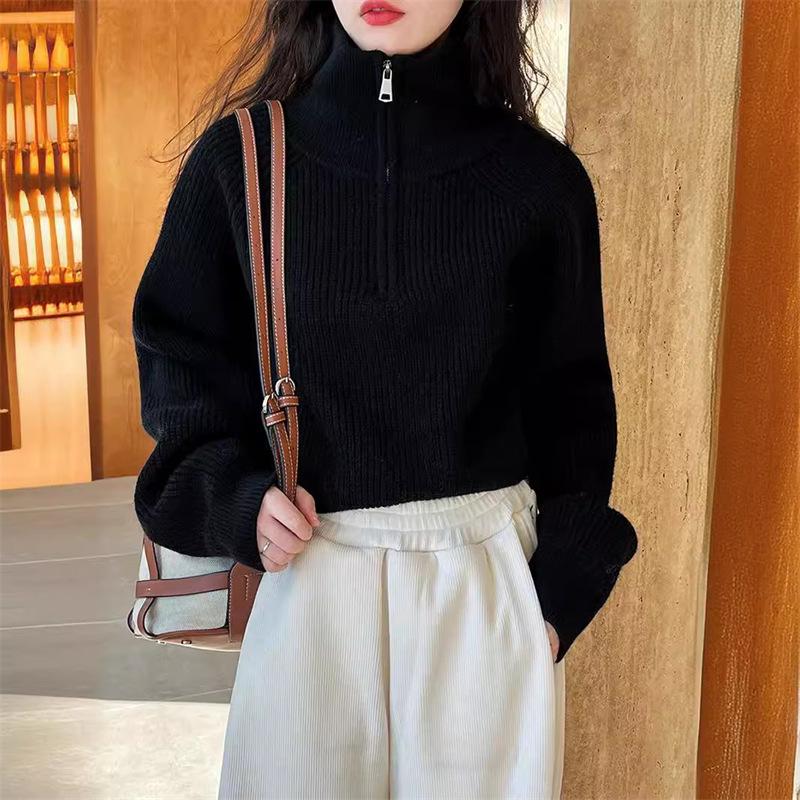 

High-Neck Half-Zip Solid Color Women s Sweater - Short Korean Style Knitwear Top One size чёрный