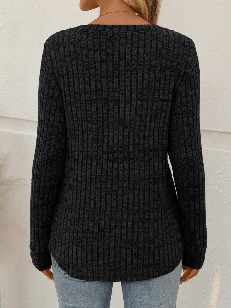 2025 Women's V-neck Ribbed Long-Sleeve T-shirt - Solid Color, Warm, Brushed Finish