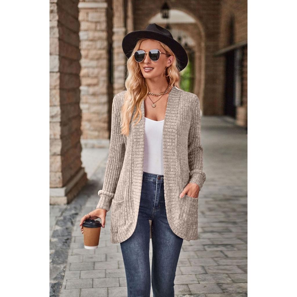 2025 Autumn New Women's Solid Color Ribbed Fleece Casual Patchwork Long Sleeve Cardigan Coat