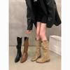 Retro Brown Chunky Heel V-Cut Mid-Calf Boots, Women's Autumn Pointed Toe Western Cowboy Style.
