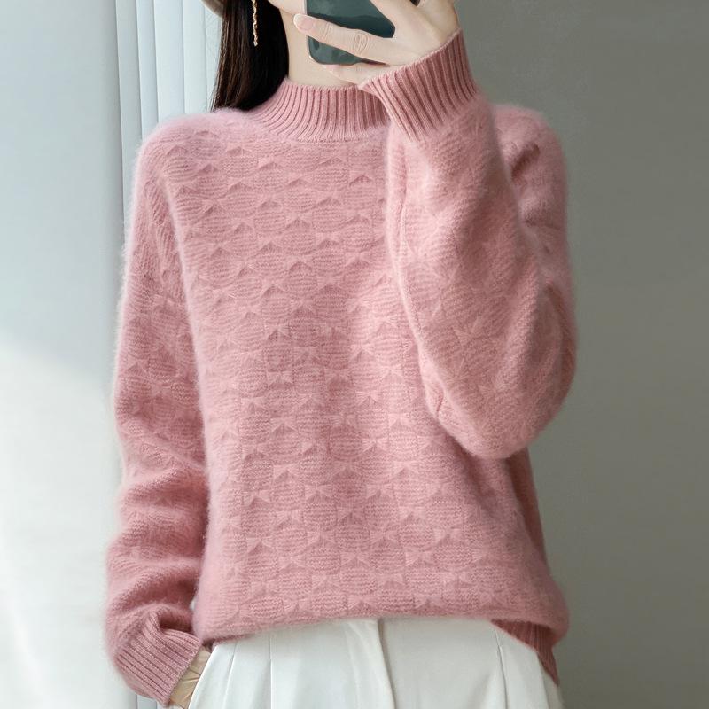 Women's Thickened Wool Half-High Collar Cable Knit Sweater - Loose, Versatile Long Sleeve Cashmere Knitwear