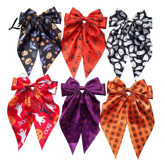 Halloween Hair Accessories Silky Satin Bows for Women, Big Ribbon Bow Clips Girls, Decorative Clip Oversized Long Tail Barrettes, Cute Ghost