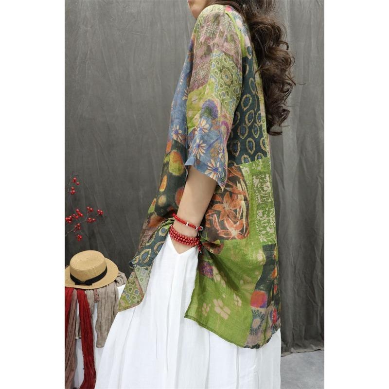 Women's Patchwork Floral Print 3/4 Sleeve Oversized Blouse Casual Loose Top