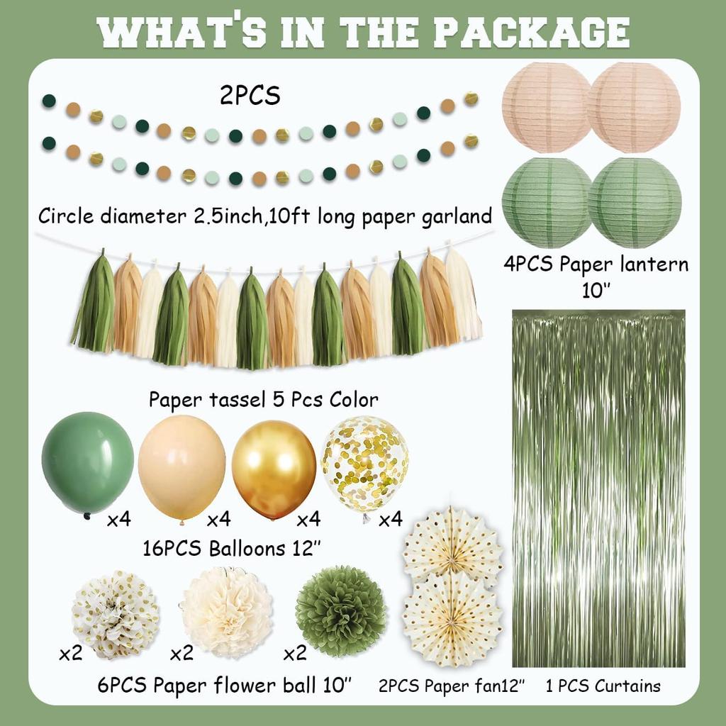 Bridal Shower Decorations Sage Green Party Decorations Bridal Shower Balloons Paper Pompoms Fringe Curtain for Wedding Bachelorette Bride To Be Party